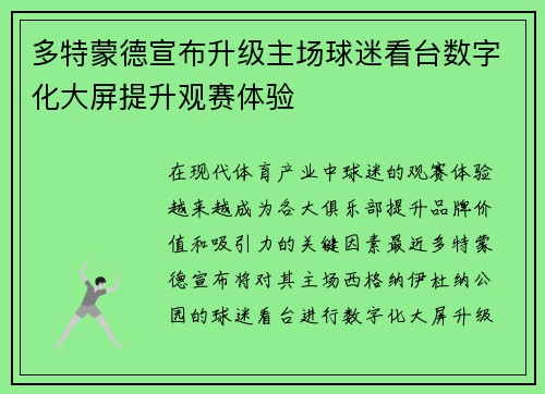 多特蒙德宣布升级主场球迷看台数字化大屏提升观赛体验 多特蒙德宣布升级主场球迷看台数字化大屏提升观赛体验